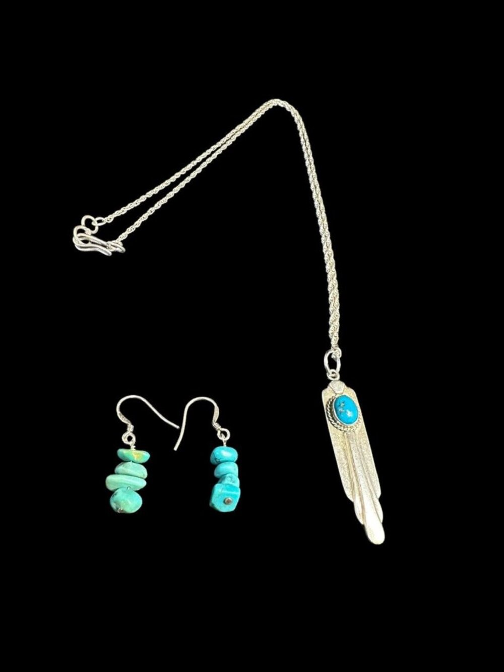 Navajo Jewelry Set Turquoise Pendant Chain Necklace And Nugget Earrings Ethnic